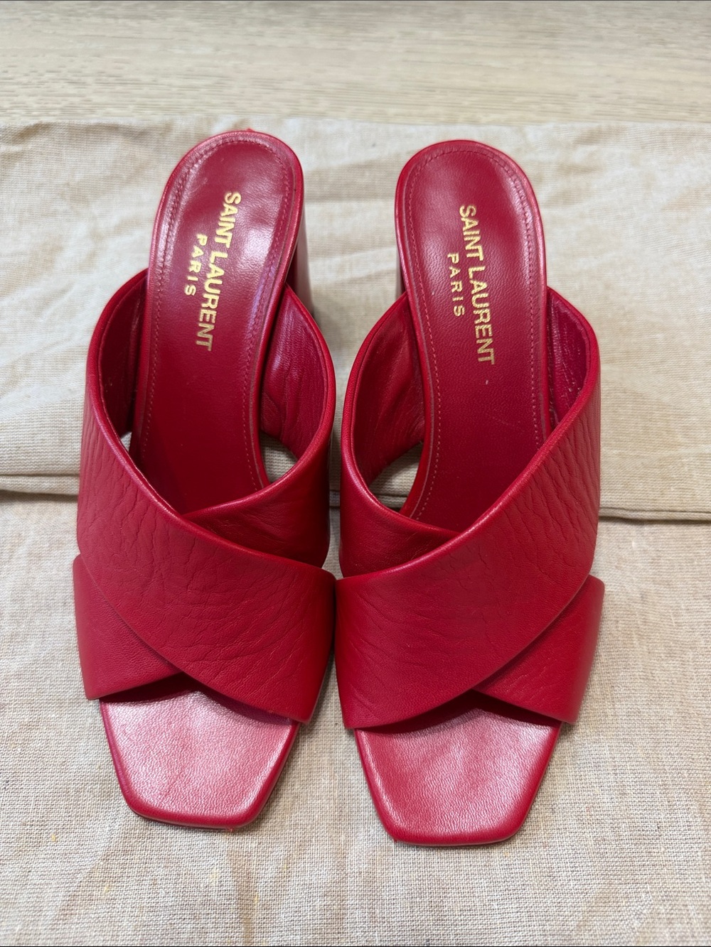Saint Laurent Red Leather Crisscross Mules